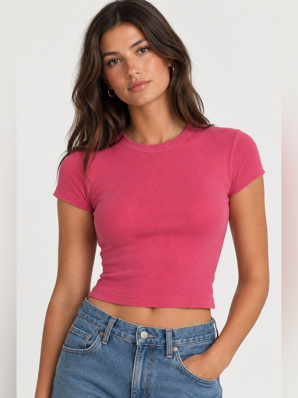 Aritzia TNA Pink Ribbed Short-Sleeve Crop Top